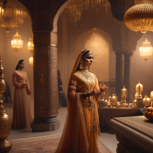 A serene, dimly lit Middle Eastern-inspired setting featuring a woman in a flowing, golden-hued outfit, surrounded by intricate lanterns, fabrics, and ornate mirrors, dancing with fluid, expressive movements.
