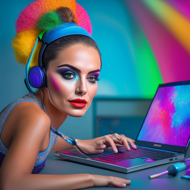 A bright, colorful illustration of a young woman sitting in front of a laptop, wearing a headset and surrounded by makeup brushes, with a dance studio background blurred out of focus.