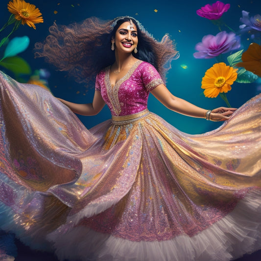 A whimsical illustration of Anjali Mehra in mid-dance, surrounded by swirling fabrics, flowers, and stars, with a spotlight shining down, capturing her radiant smile and dynamic pose.