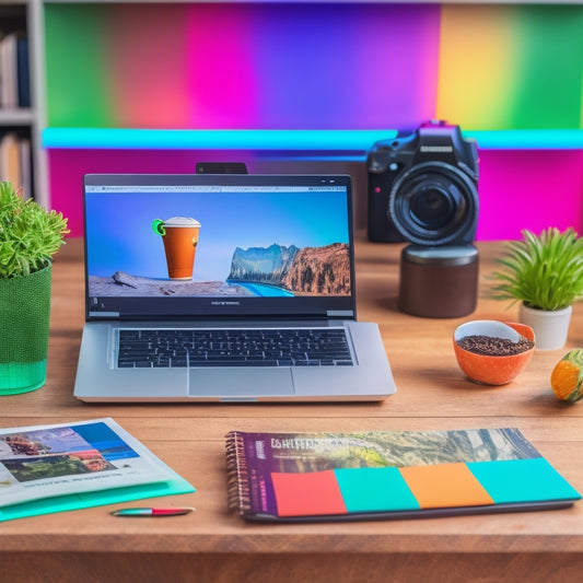 A colorful, modern illustration depicting a laptop screen with a split-screen interface, showcasing a video recording setup on one side and a course outline on the other, surrounded by scattered notes, books, and a cup of coffee.