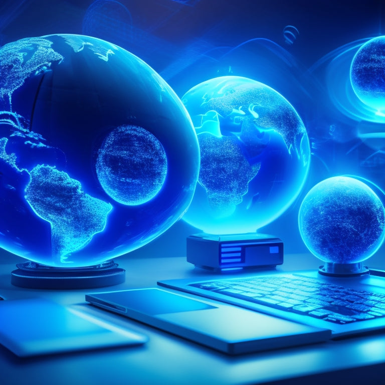 A futuristic, minimalist illustration featuring a stylized globe with glowing blue circuits and wires, surrounded by floating laptops, tablets, and smartphones, with subtle light rays emanating from the devices.