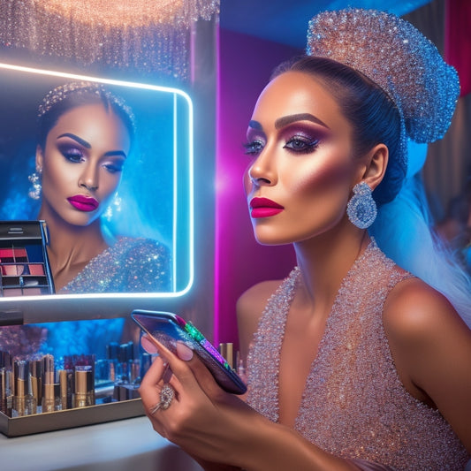 A glamorous, spot-lit dancer in a flowing costume stands in front of a vanity, surrounded by makeup brushes, shimmering eyeshadows, and lip glosses, with a smartphone displaying a makeup tutorial open in front of her.