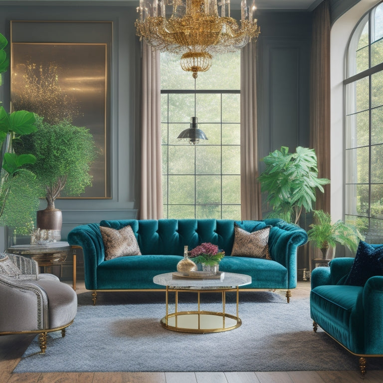 A luxurious living room featuring plush velvet sofas, a marble coffee table, elegant chandeliers, and rich wooden accents, adorned with lush greenery and soft, ambient lighting, creating a serene and sophisticated atmosphere.