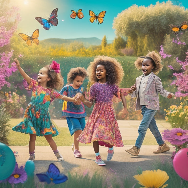 A whimsical illustration of diverse children (ages 5-12) dancing in a vibrant, outdoor setting, surrounded by musical notes, flowers, and butterflies, conveying joy and freedom.