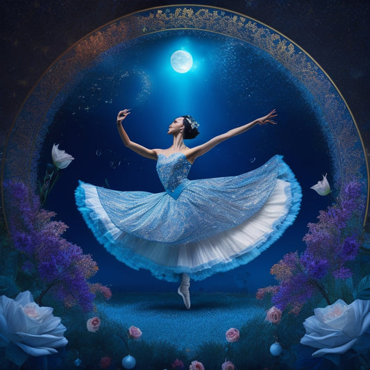 A whimsical illustration of a elegant dancer, surrounded by swirling floral patterns and subtle music notes, set against a soft, moonlit blue background with delicate silver accents.