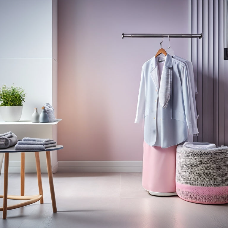 A sleek, modern laundry steamer elegantly steaming a crisp white shirt, surrounded by vibrant, wrinkle-free clothing, with soft steam rising, showcasing a tidy laundry room with pastel-colored walls and organized shelves.