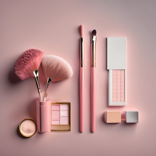 A minimalist, pale pink background with a scattering of makeup brushes, a few face charts with varying skin tones and facial features, and a pair of tweezers placed delicately on top.