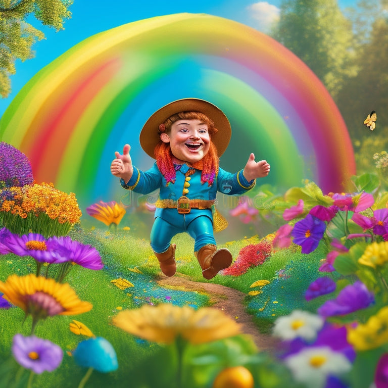 A whimsical illustration of a joyful leprechaun dancing amidst a vibrant spring scene, surrounded by blooming flowers, fluttering butterflies, and shimmering rainbow-colored confetti.