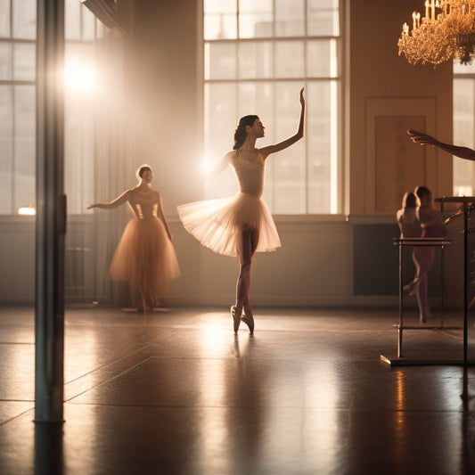 A warm-lit dance studio with a sole figure, a passionate dance instructor, standing in a powerful pose, surrounded by mirrors, ballet bars, and scattered dance shoes, with a subtle cityscape outside.