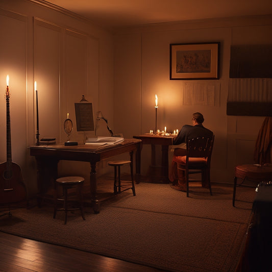 A serene, dimly lit practice room with a solo musician seated on a wooden chair, surrounded by music sheets, a metronome, and a few carefully placed, softly glowing candles.