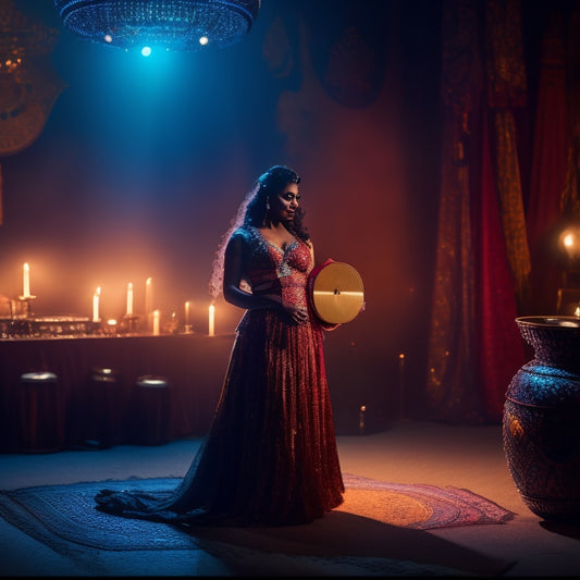 A mystical, dimly lit Middle Eastern-inspired background with a belly dancer's silhouette in the center, surrounded by scattered CDs, musical notes, and Middle Eastern instruments.
