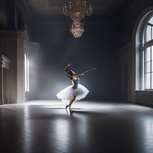 A serene, dimly lit dance studio with a lone ballerina in the center, her body bent in an impossible 180-degree split, one leg extended behind her, the other curved in front, showcasing her remarkable flexibility.