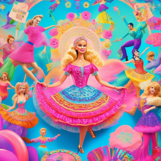 A whimsical illustration featuring Barbie Schwaeber surrounded by 26 dancing figures, each representing a letter of the alphabet, amidst a colorful, swirling background of music notes and dance-inspired patterns.