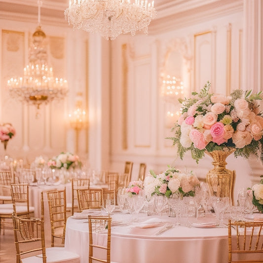A warm, golden-lit ballroom with a stunning floral backdrop of blush and ivory peonies, candelabras, and lush greenery, surrounded by elegant tables set with fine china and sparkling chandeliers.