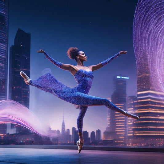 A stylized illustration of a dancer in motion, surrounded by swirling digital elements like Wi-Fi signals, social media icons, and laptops, with a subtle cityscape or stage lights in the background.