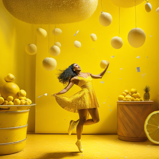 A vibrant dance studio with a bright yellow background, Chenelle in the center, wearing a bold yellow outfit, frozen in a dynamic pose, surrounded by lemons and confetti, with a spotlight shining down.