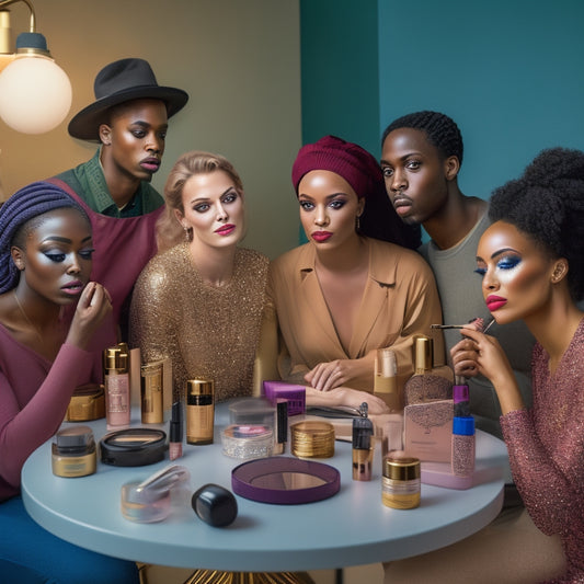 A diverse group of actors, each with unique skin tones and facial features, gather around a makeup station, surrounded by an array of inclusive makeup shades and products, with mirrors and brushes scattered about.