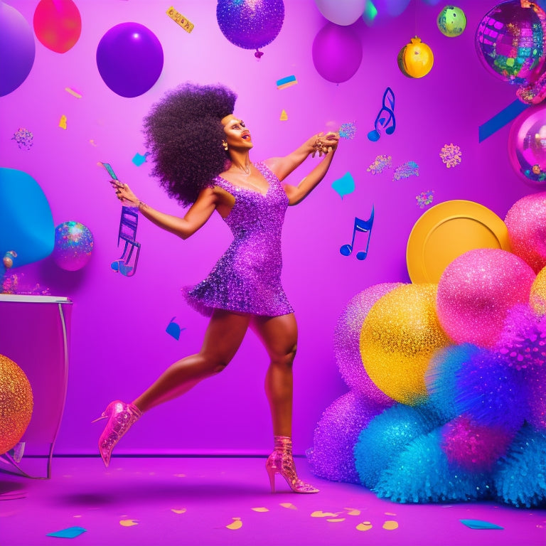 A whimsical illustration featuring a dancing mom with a Cricut machine and scissors, surrounded by colorful confetti, disco balls, and musical notes, set against a bright pink and purple ombre background.