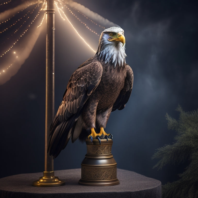 An eagle perched on a pole, wearing a sparkling costume, surrounded by spotlights, with feathers spread wide, and a confident, fierce expression, set against a dark, misty background.