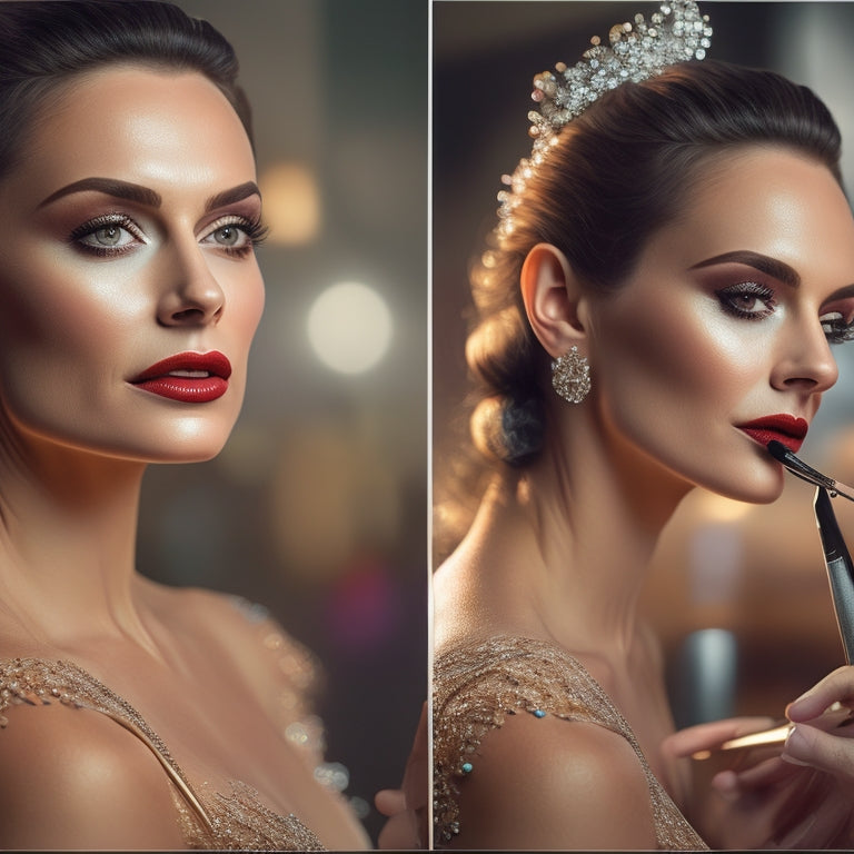 A glamorous adult woman, mid-dance pose, with a split-screen reflection showing a natural face on one side and a glamorous, made-up face on the other, surrounded by makeup brushes and mirrors.