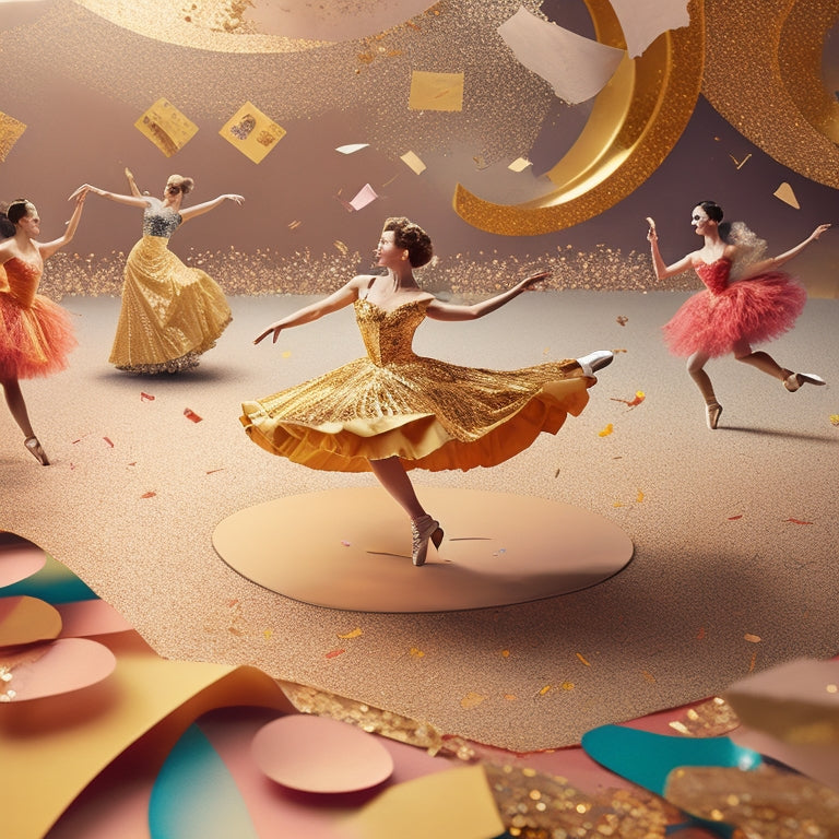 A whimsical illustration featuring a vibrant dance floor with swirling patterns, surrounded by torn paper fragments of vintage ballerinas, music notes, and confetti, set against a warm, golden background.