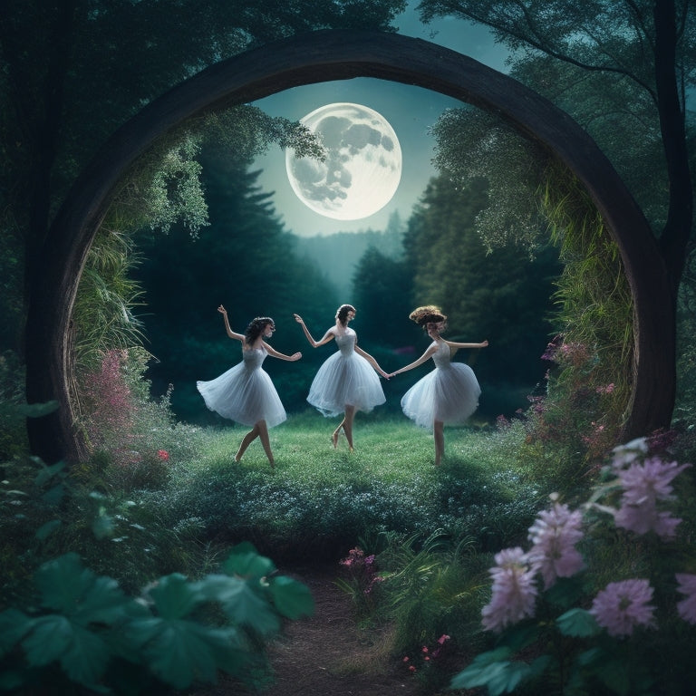 A whimsical illustration of three dancing figures, surrounded by lush greenery, vines, and flowers, with subtle sparkles and misty atmosphere, set against a soft, moonlit forest backdrop.