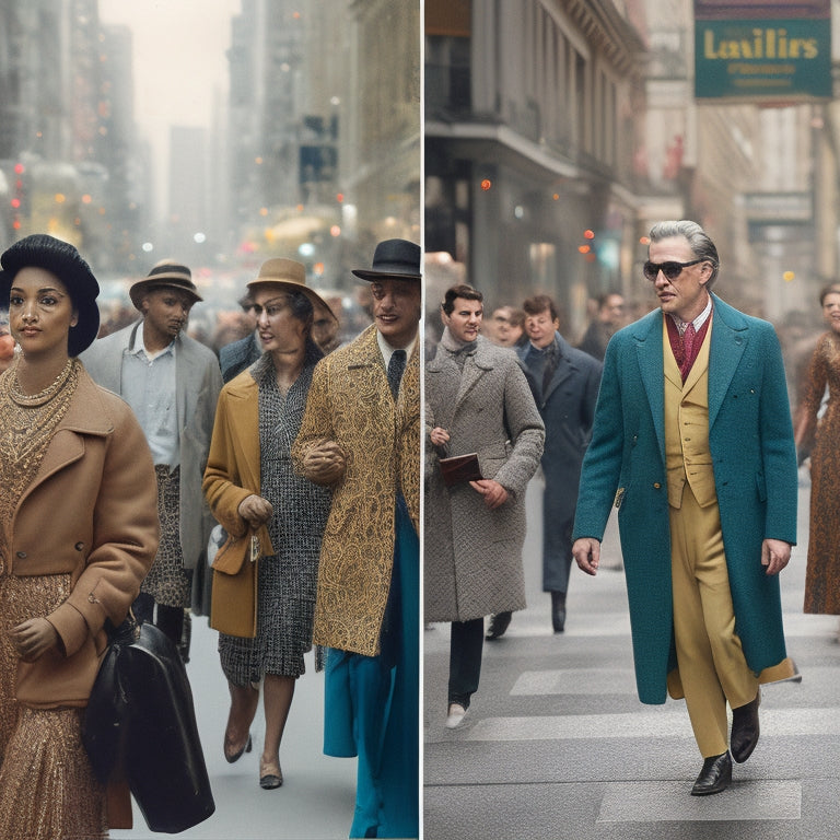 A split-screen image: on the left, a person in eclectic, bold clothing walking confidently down a busy street, surrounded by blurred faces looking on in disapproval; on the right, the same person in neutral attire, blending into a crowd of smiling faces.