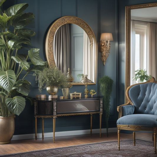 An image of a stylish living room with a large, ornate mirror hung diagonally in a corner, reflecting a beautifully decorated adjacent wall with a console table and a potted plant.