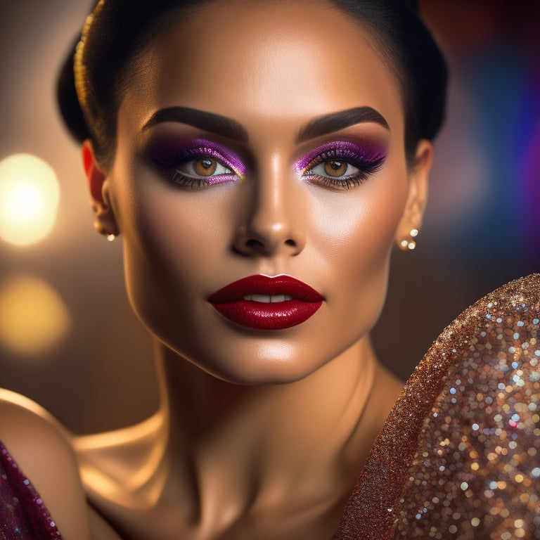 A glamorous, spotlit dancer in a sparkling costume, posing in front of a dark, velvet curtain, with bold, shimmering eyeshadow, flawless foundation, and bold, bright lip color.