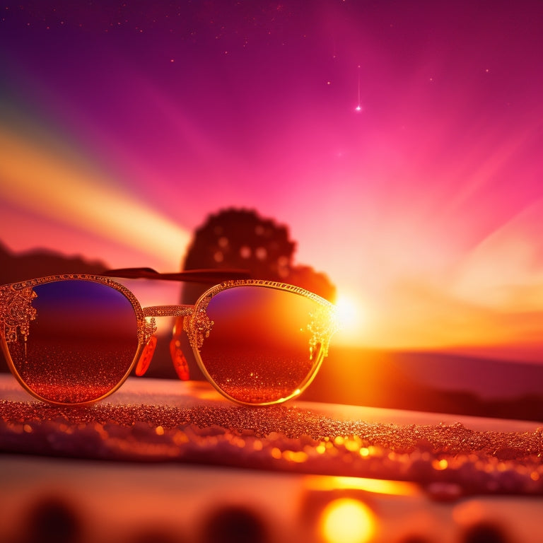 A whimsical illustration of Elton John's iconic glasses and a miniature dancer's silhouette, surrounded by swirling music notes and sparkles, set against a warm, sunset-inspired background.