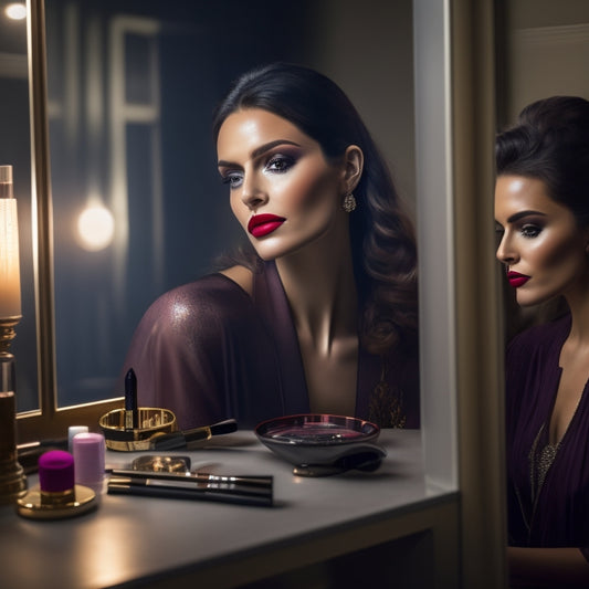 A glamorous, dimly lit dressing room with a vanity mirror, surrounded by makeup brushes, palettes, and products, featuring a flawless, airbrushed model's face with a subtle, smoky eye and bold lip color.