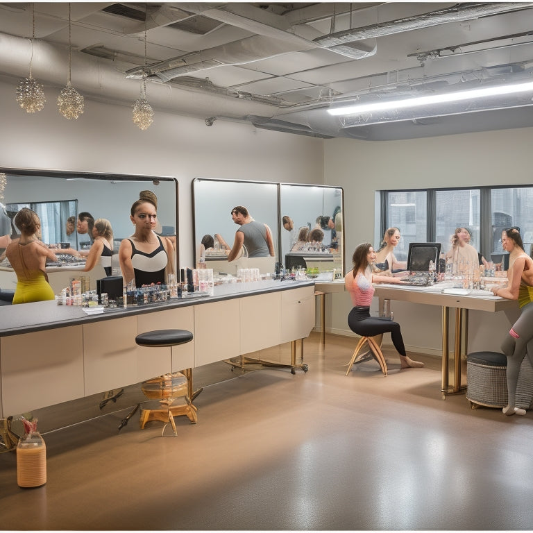 A bright, well-lit dance studio with a large mirror, a ballet barre, and a few dancers in various positions, surrounded by makeup stations with brushes, palettes, and mirrors, with a laptop open on a nearby table.