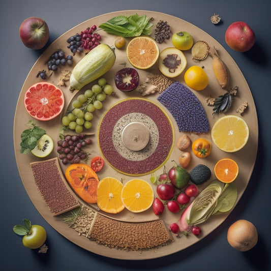 A vibrant illustration featuring a harmonious blend of musical notes, fruits, vegetables, and whole grains, arranged in a circular pattern resembling a vinyl record, with a subtle gradient of warm colors.