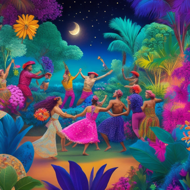 A vibrant, whimsical illustration depicting a group of islanders of diverse ages and abilities gathered in a lush, moonlit clearing, surrounded by palm trees and colorful flowers, all moving in joyful, exuberant dance.