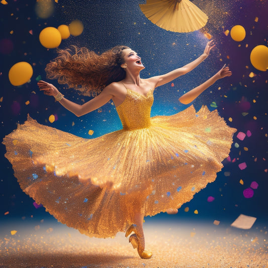 A whimsical illustration of a dancer surrounded by swirling colors and dancing pages, with confetti and glittering stars floating in the air, set against a bright, sunny yellow background.