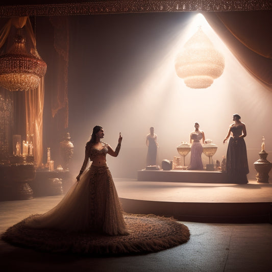 A warm-toned, dimly lit stage with a solo belly dancer in the center, spotlight shining down, surrounded by intricately patterned fabrics and Middle Eastern-inspired props, with a subtle veil of mist.