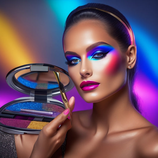 A glamorous, spotlit dancer in a sleek black leotard, surrounded by a halo of colorful makeup brushes, compacts, and palettes, with a subtle sparkle effect on the model's flawless, dramatically made-up face.