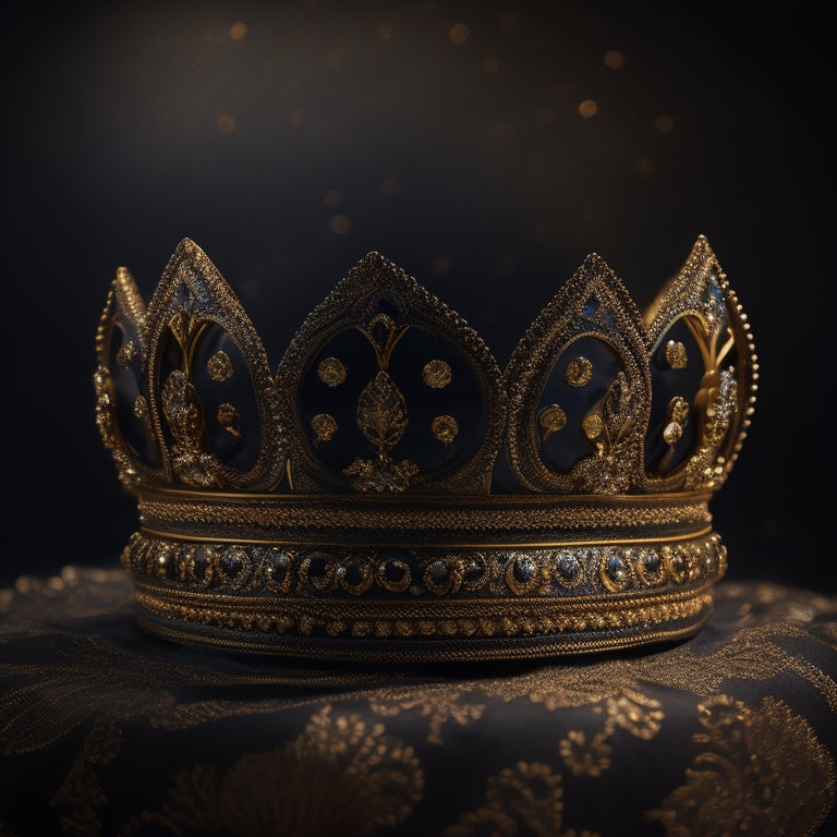 A majestic, golden-lit African diasporic crown resting on a rich, velvety black background, surrounded by swirling patterns of kente cloth and subtle, shimmering starlight.