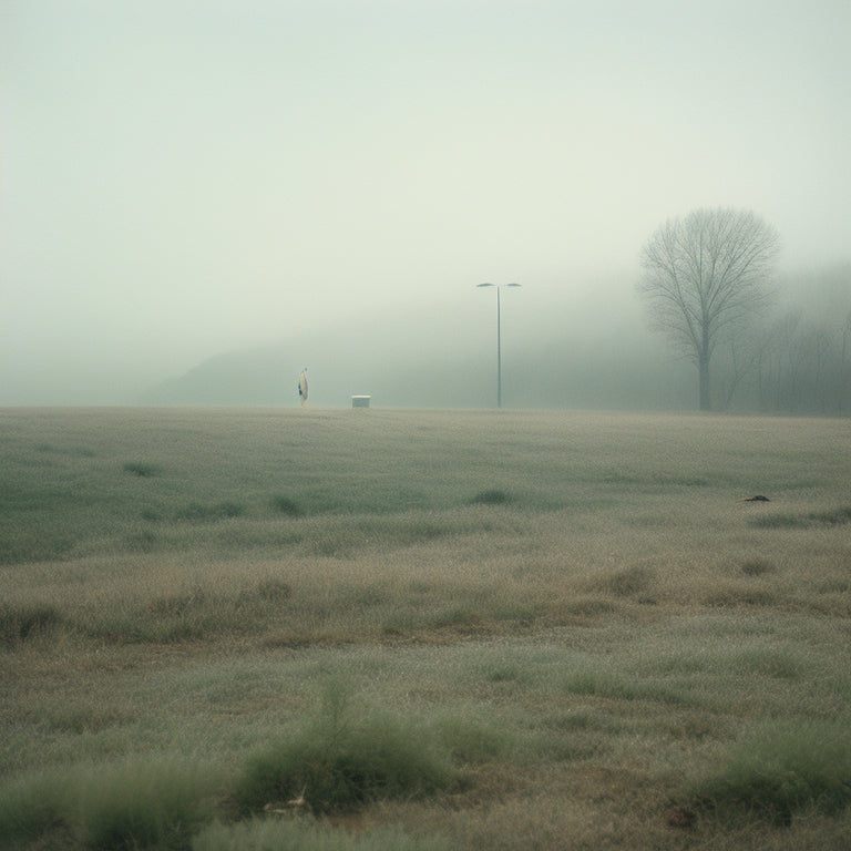 A serene, misty landscape with a solitary figure in the distance, surrounded by whispers of forgotten memories, with torn paper scraps and scattered Polaroids at their feet.