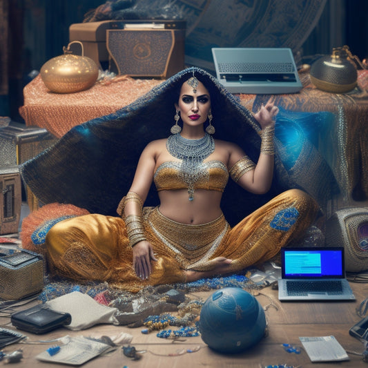 A whimsical illustration of a belly dancer surrounded by scattered laptops, broken computers, and torn website wireframes, with a subtle hint of frustration and confusion on her face.