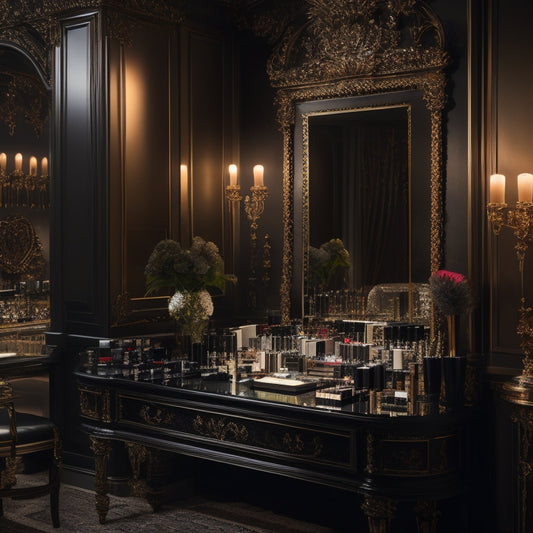 A dimly lit, luxurious makeup studio with rows of sleek, black countertops, adorned with an array of high-end makeup products and brushes, surrounded by elegant, ornate mirrors.