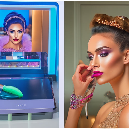 A split-screen image featuring a confused beginner holding a makeup brush in front of a messy vanity, juxtaposed with a confident dancer in front of a clean, organized makeup station with a tablet displaying a downloadable dance makeup guide.