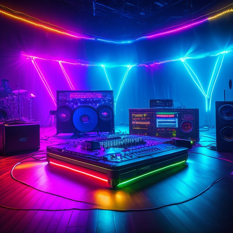 A vibrant, neon-lit dance floor at night, surrounded by flashing strobe lights, with a DJ console in the center, and a laptop with a glowing screen displaying a digital music library.