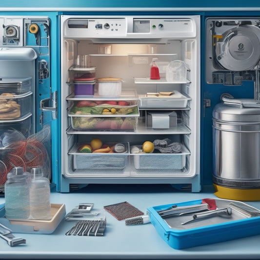 A close-up of a General Electric refrigerator's interior, with various internal components and wires exposed, surrounded by scattered tools and a few open repair manuals in the background.