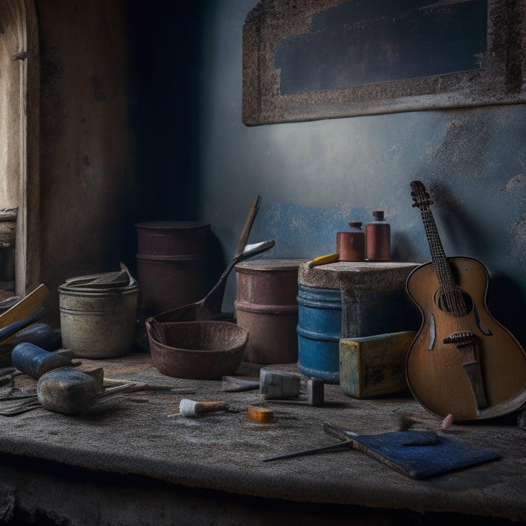 A cracked, faded fresco peels from a worn stone wall, surrounded by discarded paintbrushes, broken instruments, and a torn, forgotten score, amidst a backdrop of dim, fading light.