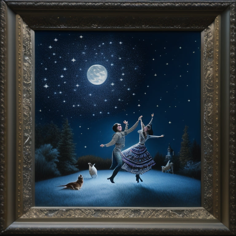 A whimsical, moonlit scene featuring a delicate, ornate dance-inspired cross stitch piece on a velvety black background, surrounded by scattered, shimmering starlight and a few stray threads.