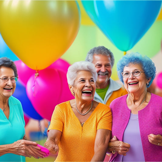 A vibrant, colorful illustration of a group of seniors (ages 65-85) of diverse ethnicities, laughing and exercising together in a bright, well-lit community center, surrounded by dance equipment and balloons.