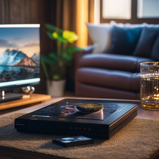 A DVD player or gaming console on a modern living room table, surrounded by scattered DVDs and a few open user guides, with a cozy atmosphere and soft lighting.