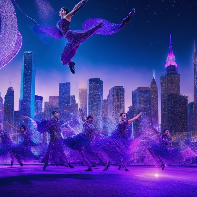 A vibrant, dynamic image featuring a blurred cityscape background, with a spotlight shining down on a group of diverse dancers in mid-air, frozen in energetic poses, surrounded by swirling ribbons of deep blue and purple lights.