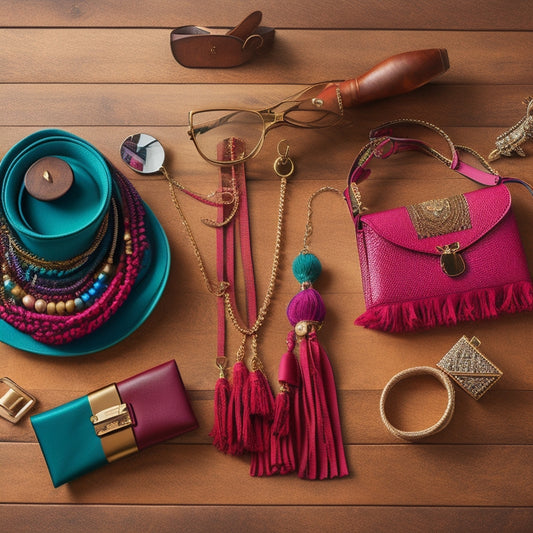 A stylish flat lay featuring five trendy tassel belts in vibrant colors, elegantly draped over a rustic wooden surface, surrounded by chic accessories like sunglasses, a statement necklace, and a fashionable handbag.